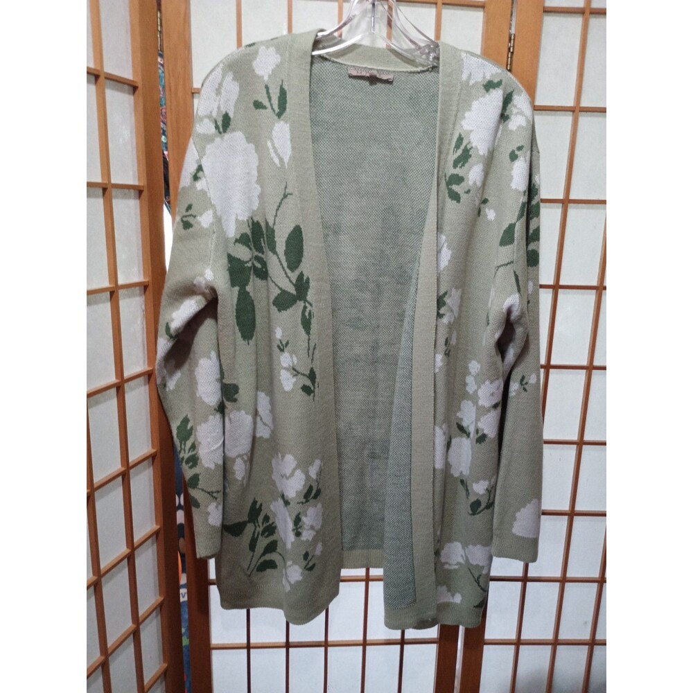 My Danielle Cardigan Womens Large Green White Floral Open Front Long Sweater